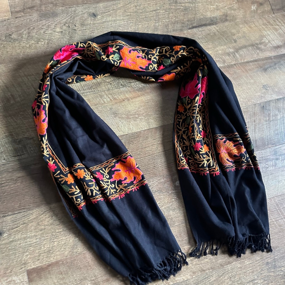 Vintage Style Hand Embroidered Scarf Black Pink Orange Floral Fringe